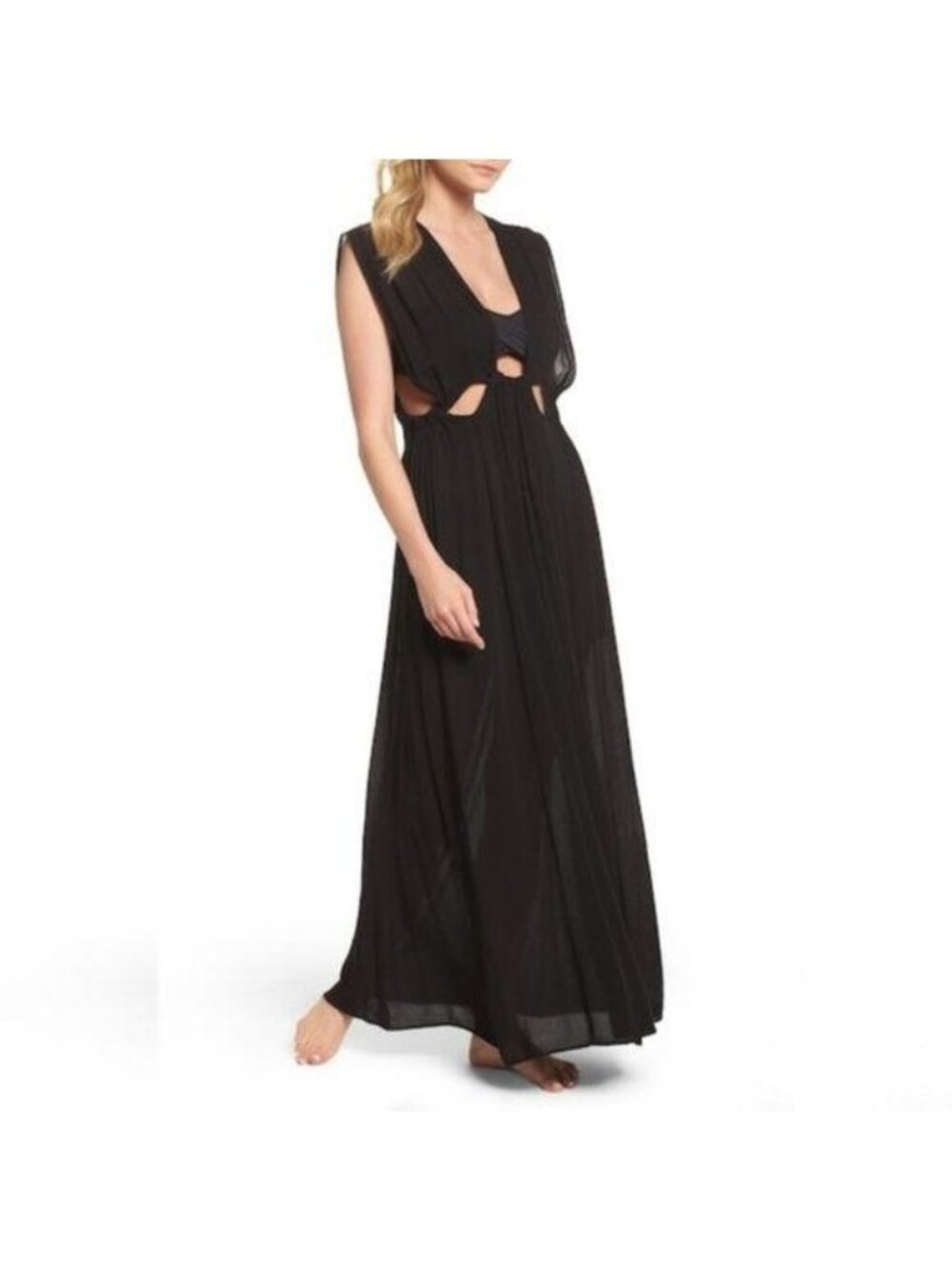 Elan Maxi Cover-Up Dress Black Cutout Plunge Neckline